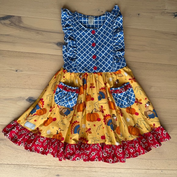Eleanor Rose Other - Eleanor Rose Girls Thanksgiving Turkey Pumpkin Ruffle Dress Blue Yellow Red Sz 8